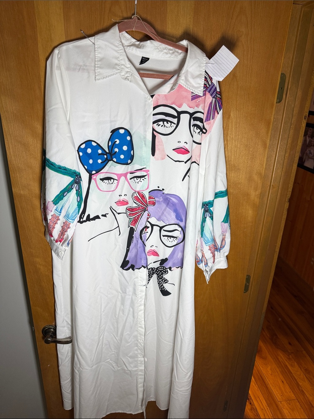 SHEIN White Maxi Shirt Dress with Colorful Face Art